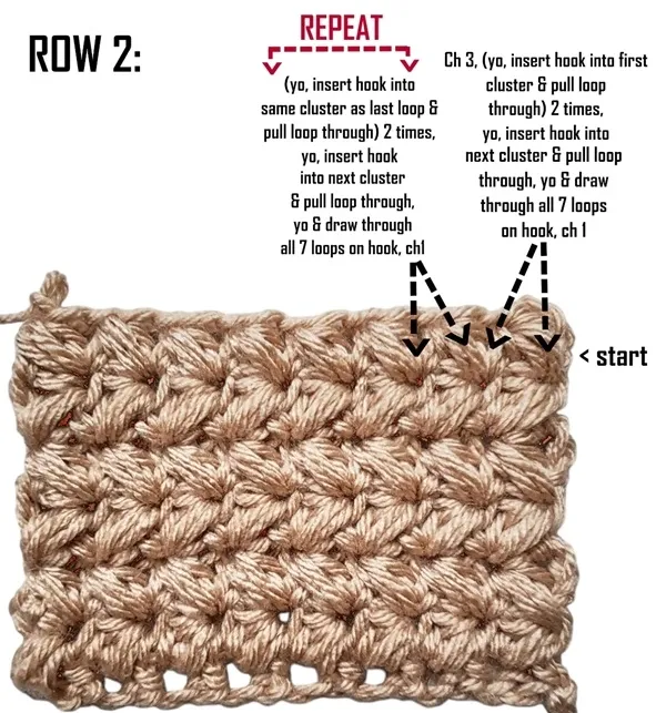 A visual aid showing how to work row two of the crochet pattern.