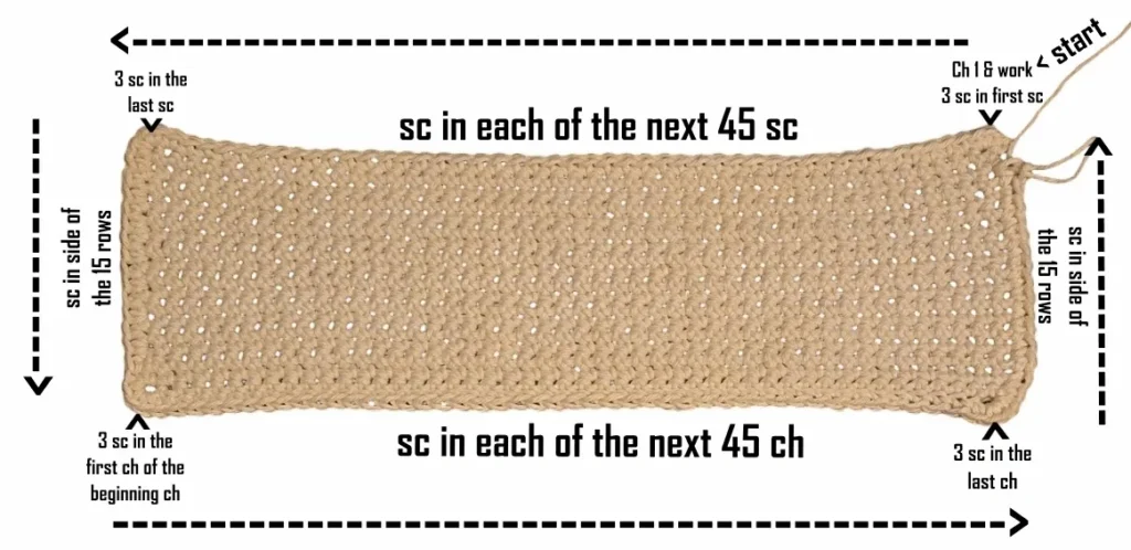 A visual aid on how the base of the crochet tote is constructed.