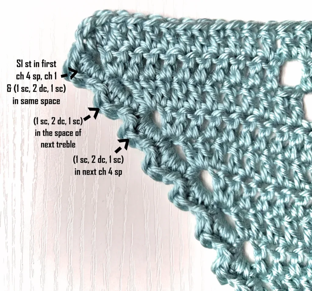 Showing in detail how many stitches to crochet in each space for the shawl border.