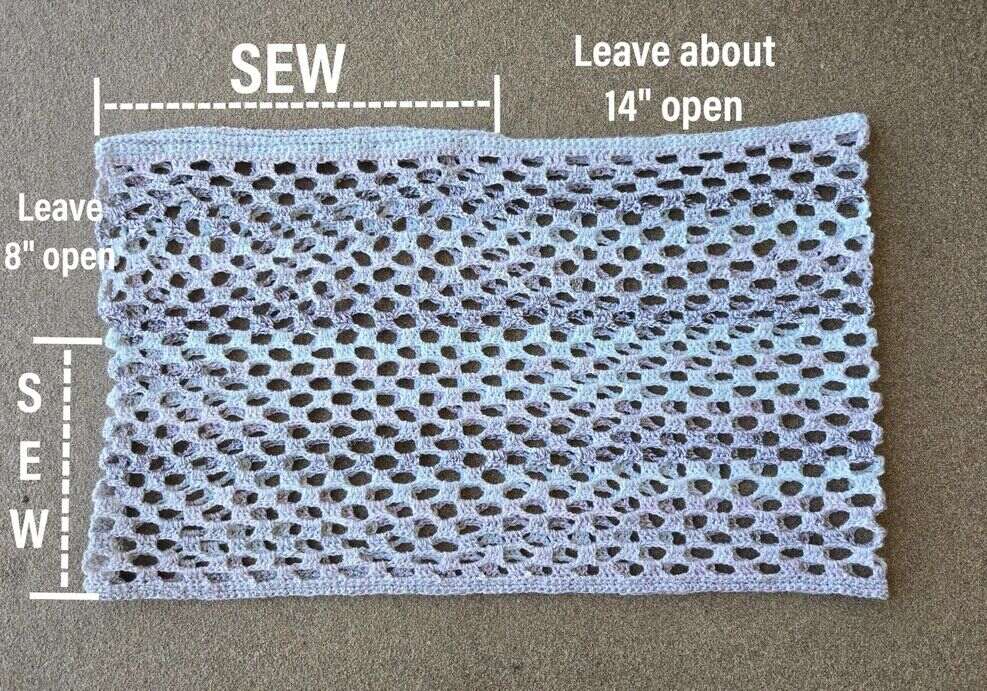 A guide on how to sew the crochet shawl and turn it into a one sleeve poncho.