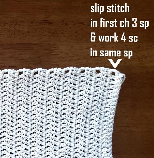 A guide showing how to begin the top border of the crochet sarong.