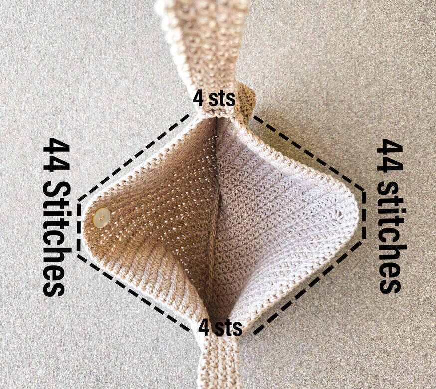 A guide on how to locate the placement on the crochet bag to attach the handle.