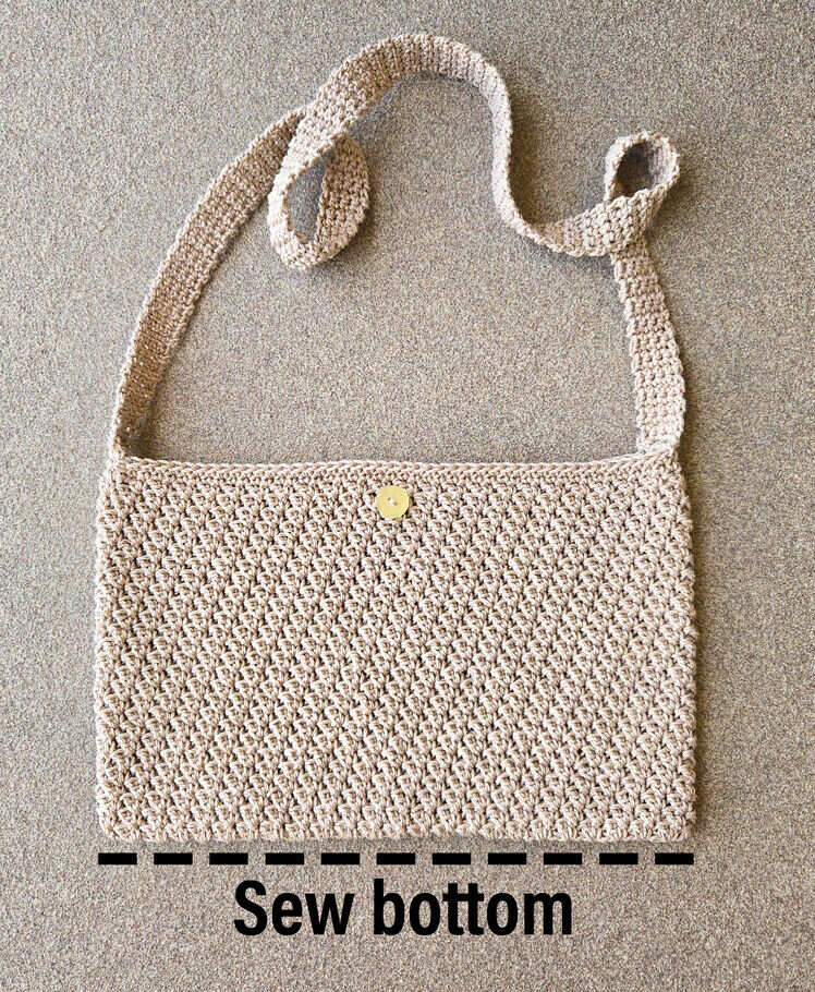 A guide showing how to sew the bottom of the crochet bag together.